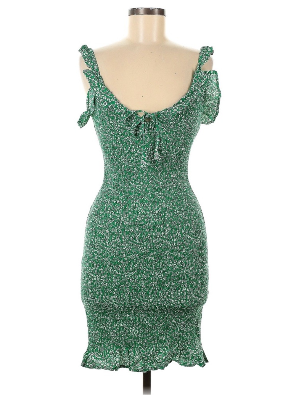 Japna Green Floral Smocked Mini Dress with Tie Straps M